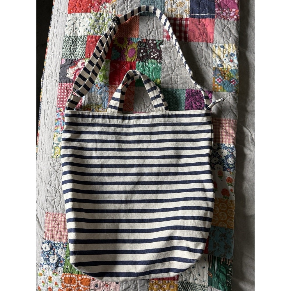 BAGGU Sailor Stripe Canvas Duck Tote Bag Navy Ivory/White - Picture 4 of 14